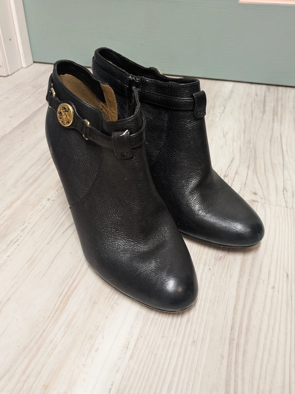 Coach Black Leather Ankle Boots with Gold Accent - Women